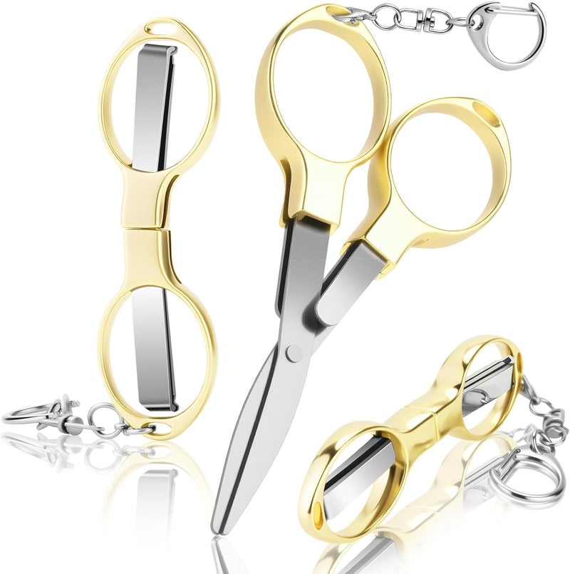 Hapdream 3 Pcs Folding Stainless Steel Portable Mini Badge Scissors with 3 Keychains, Safety Foldable Pocket Travel Small Scissors All Purpose for Nurse Accessories, Travel, Office, Craft, Sewing, Home (Gold) - Image 1